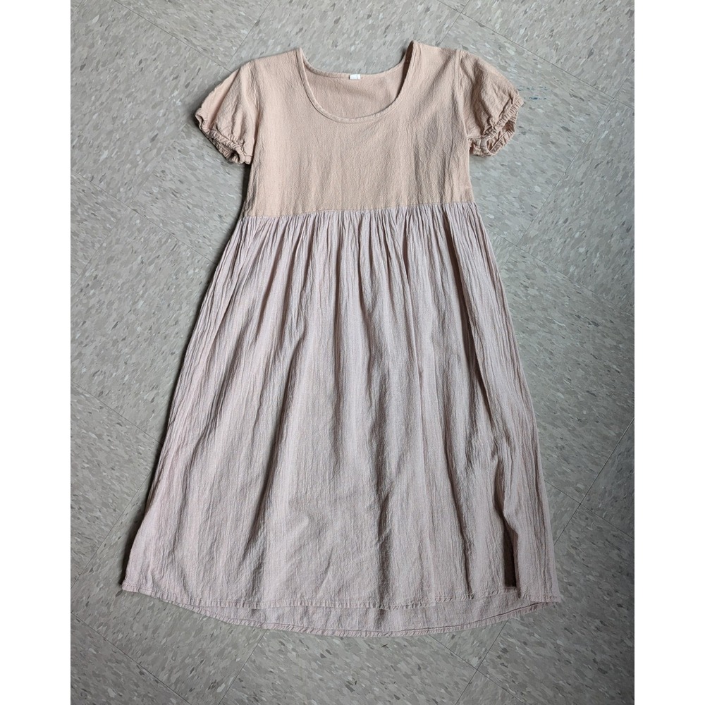 Made in Nepal Minimalist Babydoll Dress Empire Waist Tan Midi Short Sleeve